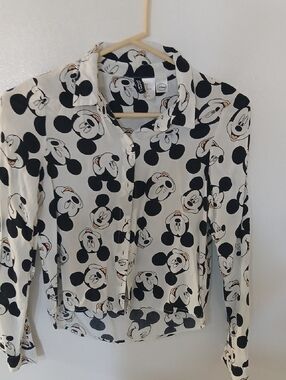 Disney Black and White Mickey Print Button-Up Shirt